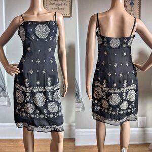 Vintage 1990s Sue Wong Mini Dress Black Silk Floral Embroidery Gothic Size 8